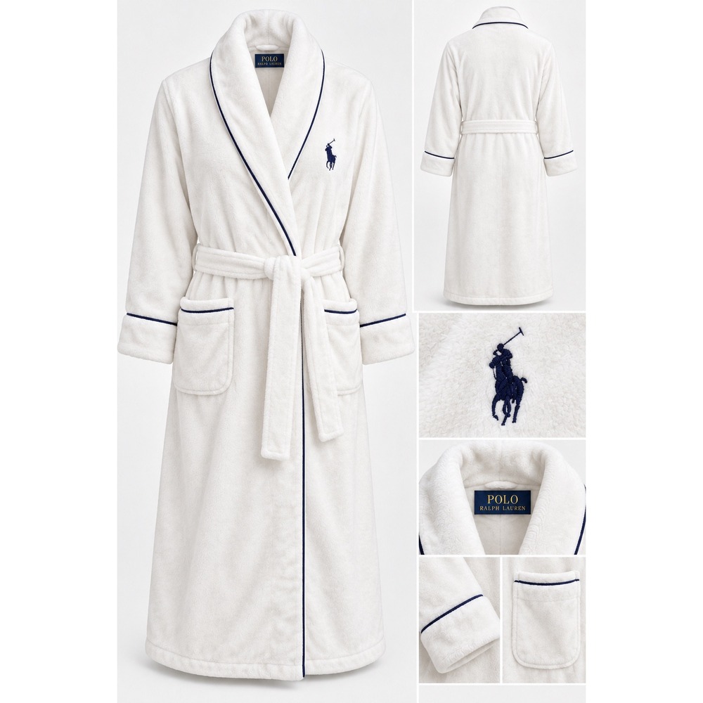 Polo Ralph Lauren Mens Cream White Plush Fleece Bathrobe One Size Pony Logo